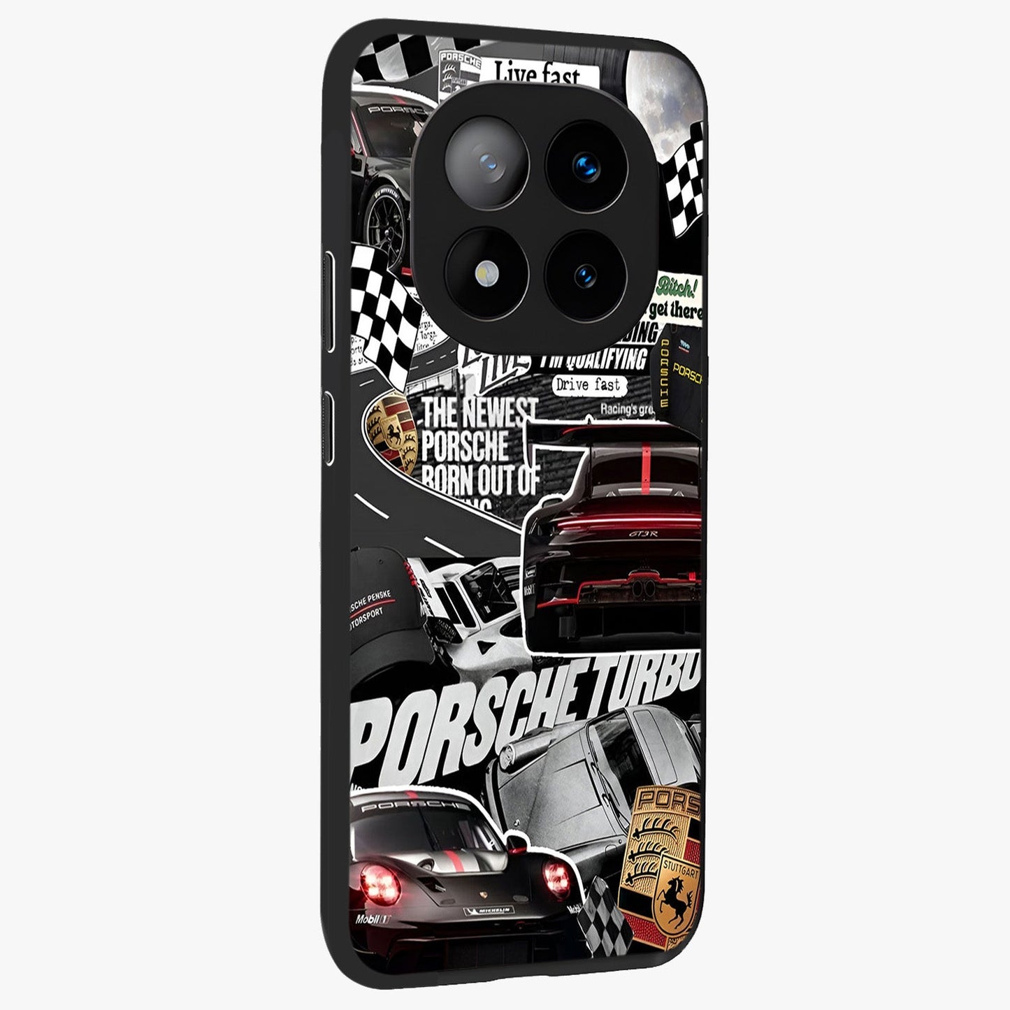 Porsche Racing Collage Glass Case upright view showcasing energetic car collage artwork with high speed racing theme.