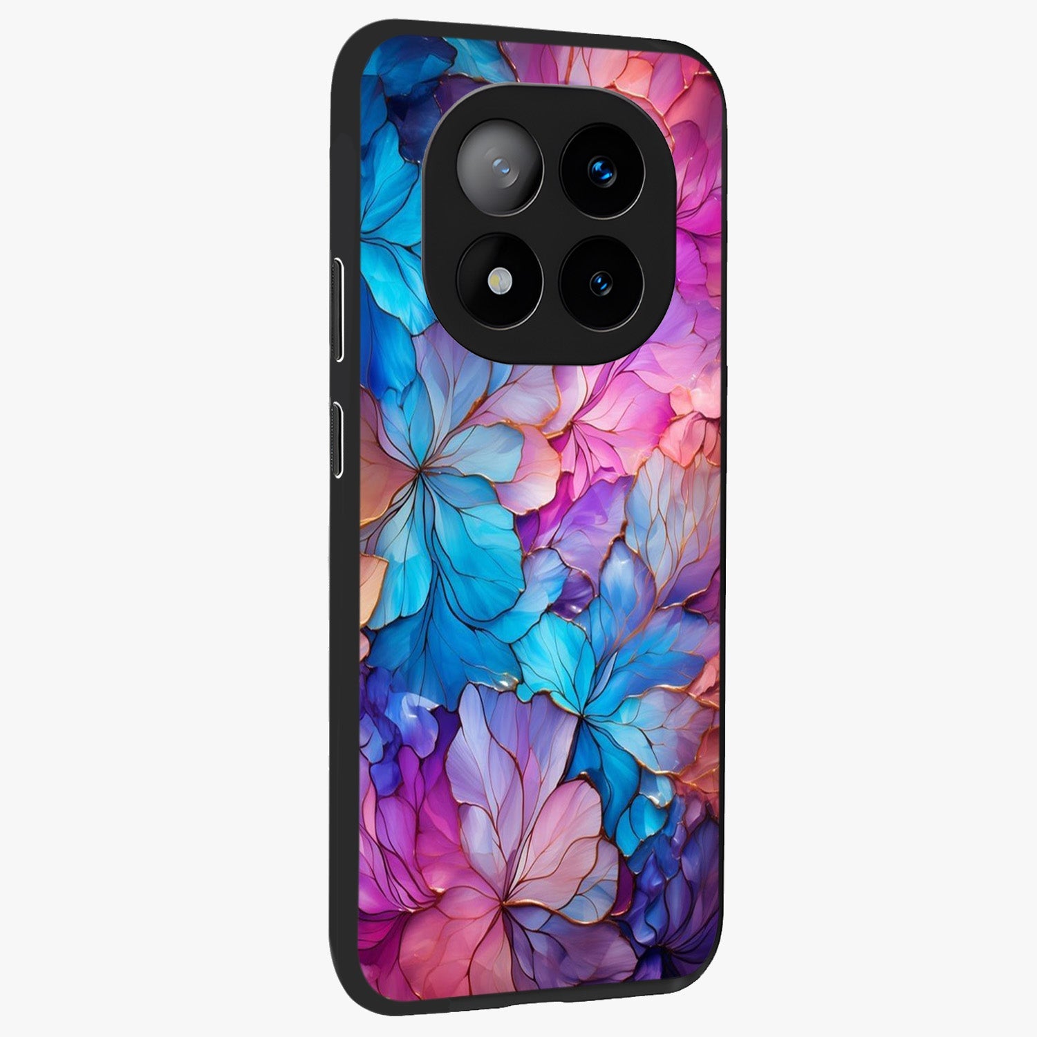 Radiant Floral Whirl Glass Case upright view showcasing lively floral artwork with decorative swirl theme.