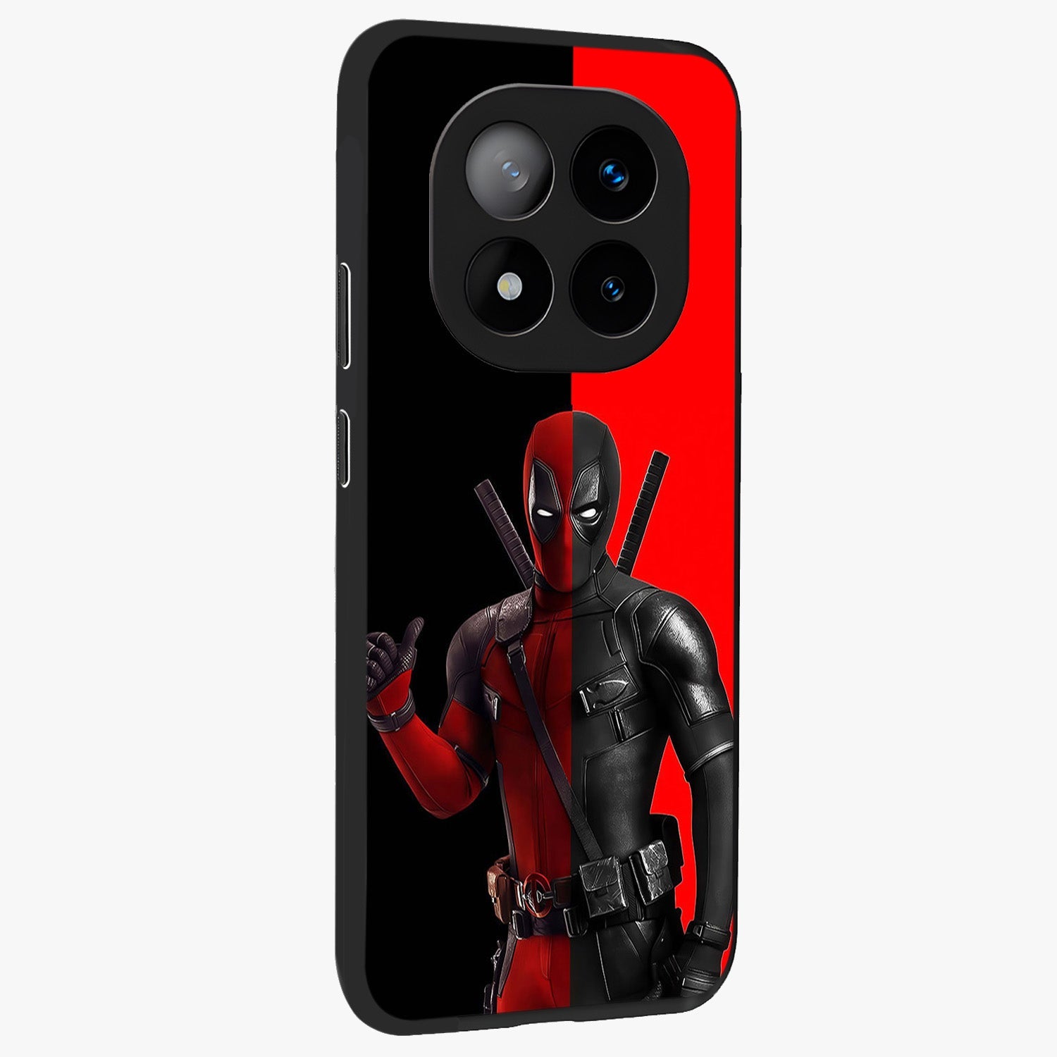 Red & Black Deadpool Theme Glass Case upright view showcasing energetic comic themed artwork with striking red and black design.