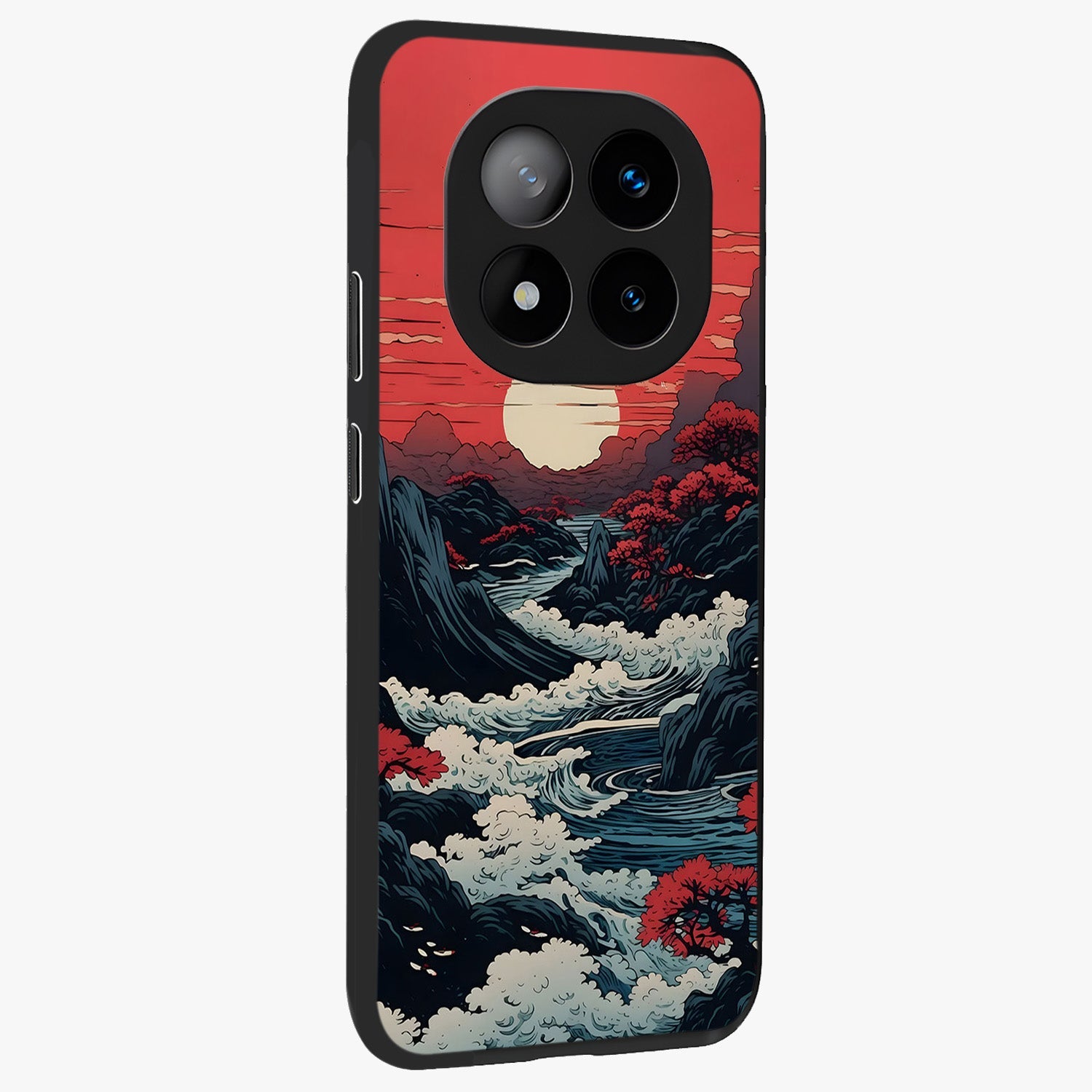 Red Sunset Scenery Glass Case upright view showcasing dramatic sunset scenery artwork with warm nature theme.