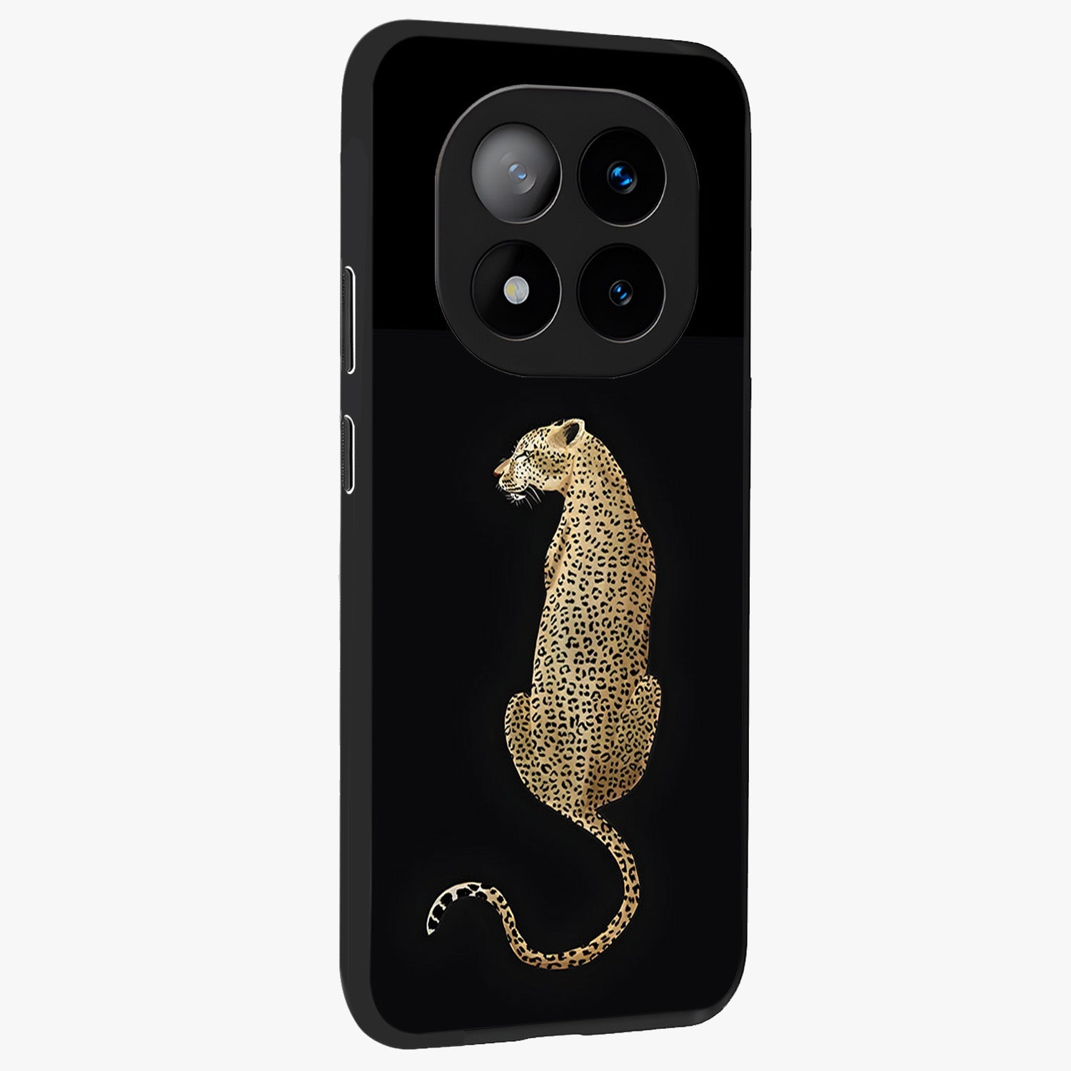 Regal Leopard Glass Case upright view showcasing striking leopard artwork with fierce wildlife theme.