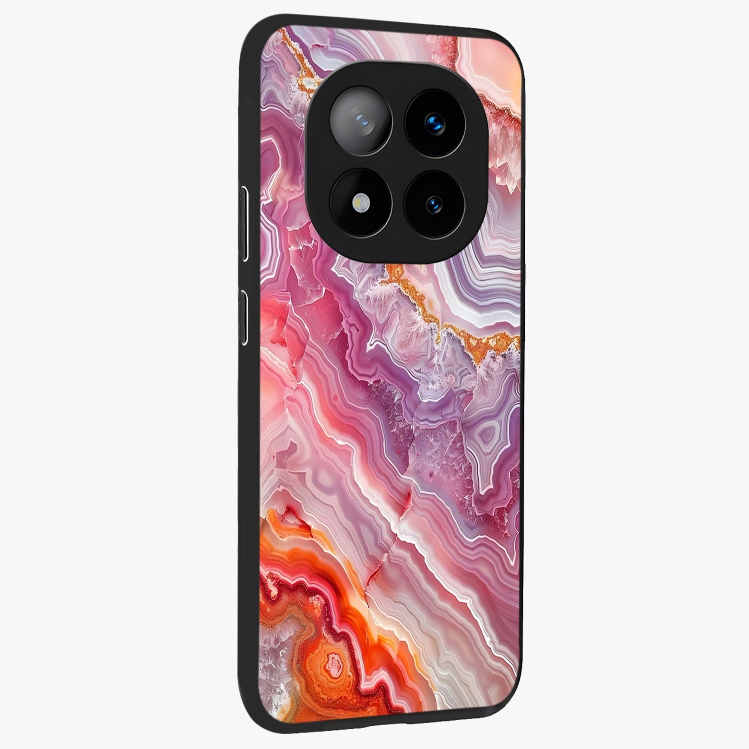 Rose Quartz Marble Glass Case upright view showcasing decorative marble artwork with luxurious pastel theme.