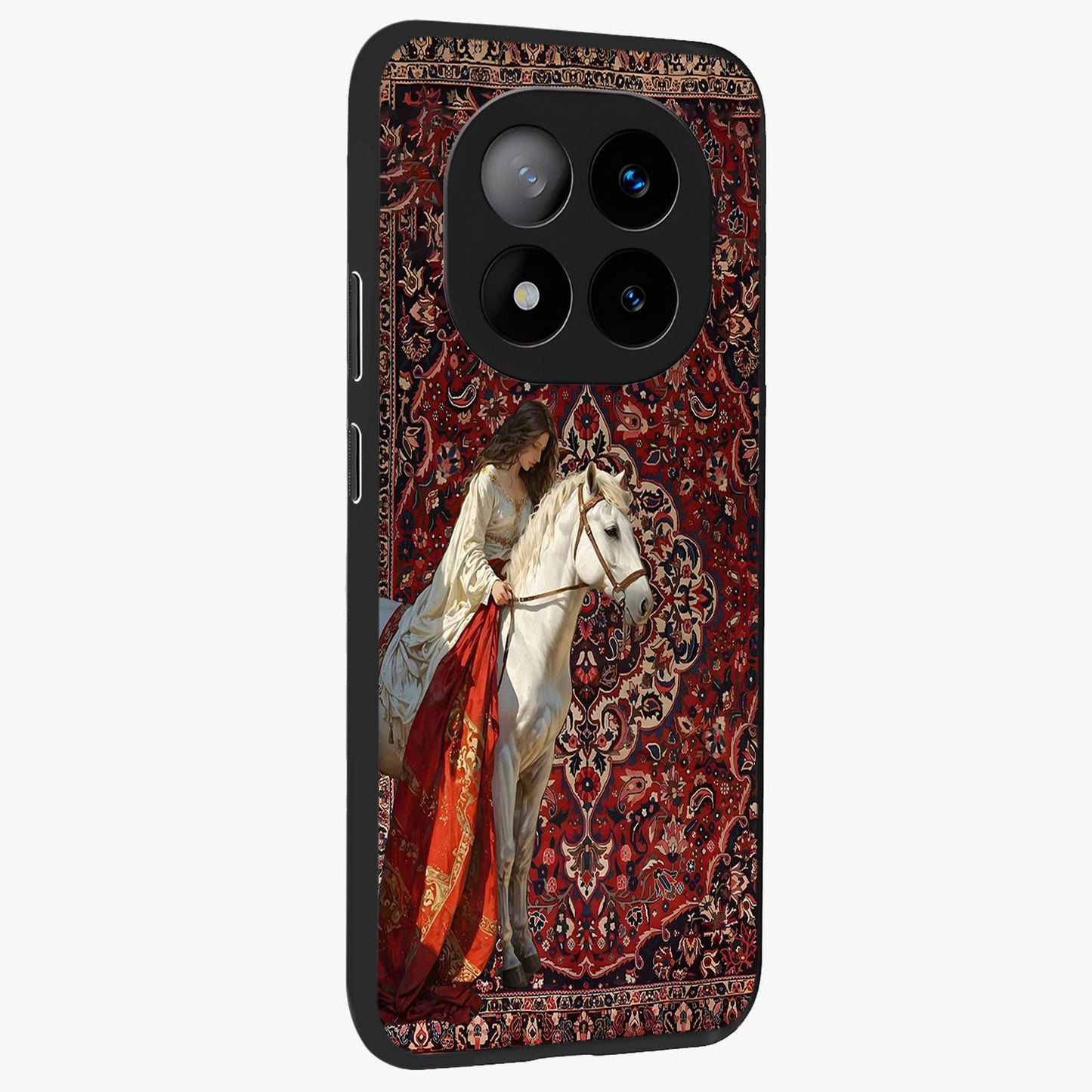Royal Rider Tapestry Glass Case upright view showcasing detailed rider artwork with classic tapestry theme.