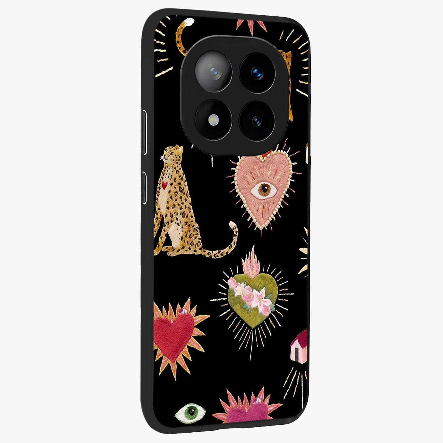Sacred Jungle Heart Glass Case upright view showcasing vibrant jungle artwork with symbolic heart theme.