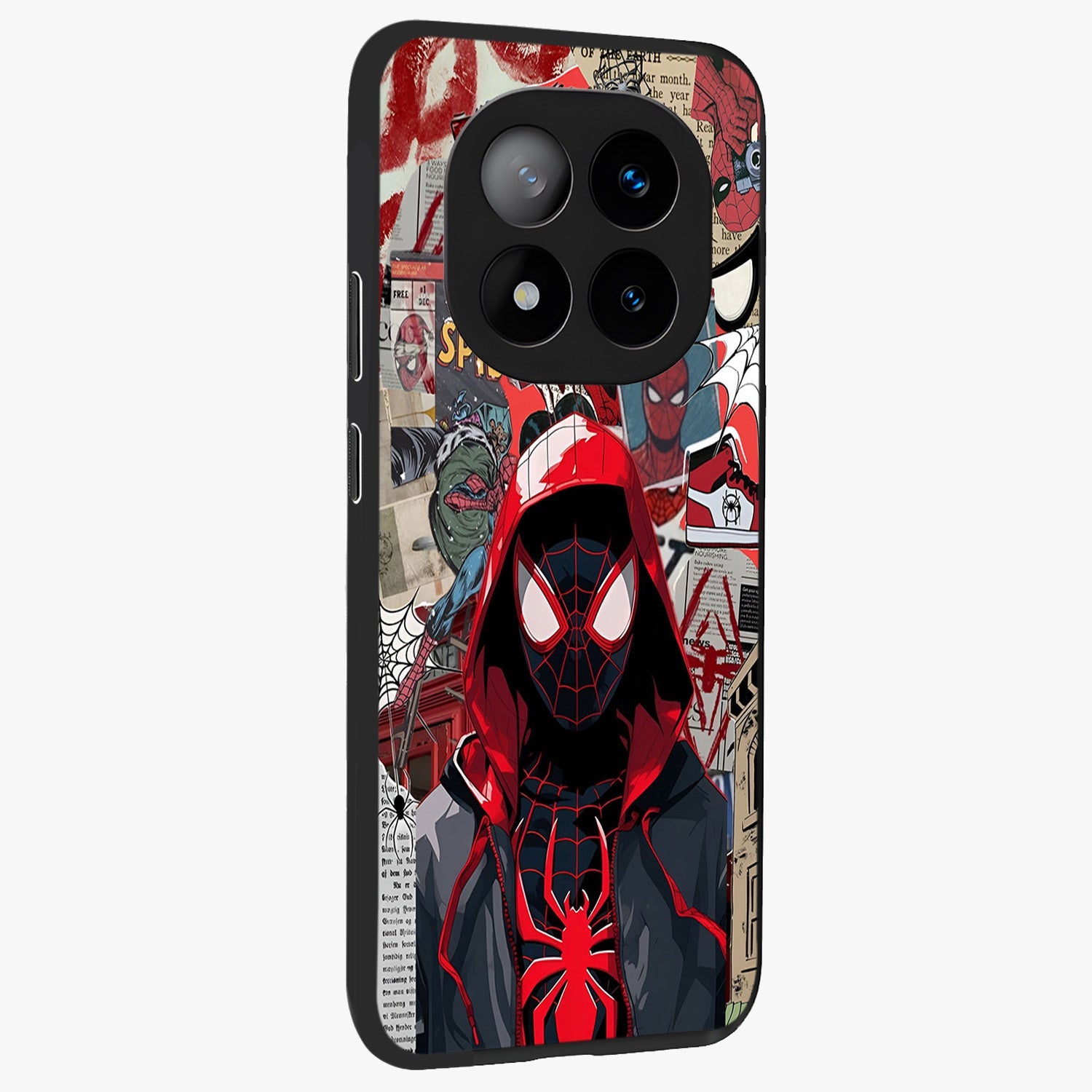Spider Collage Street Glass Case upright view showcasing bold superhero artwork with urban street theme.
