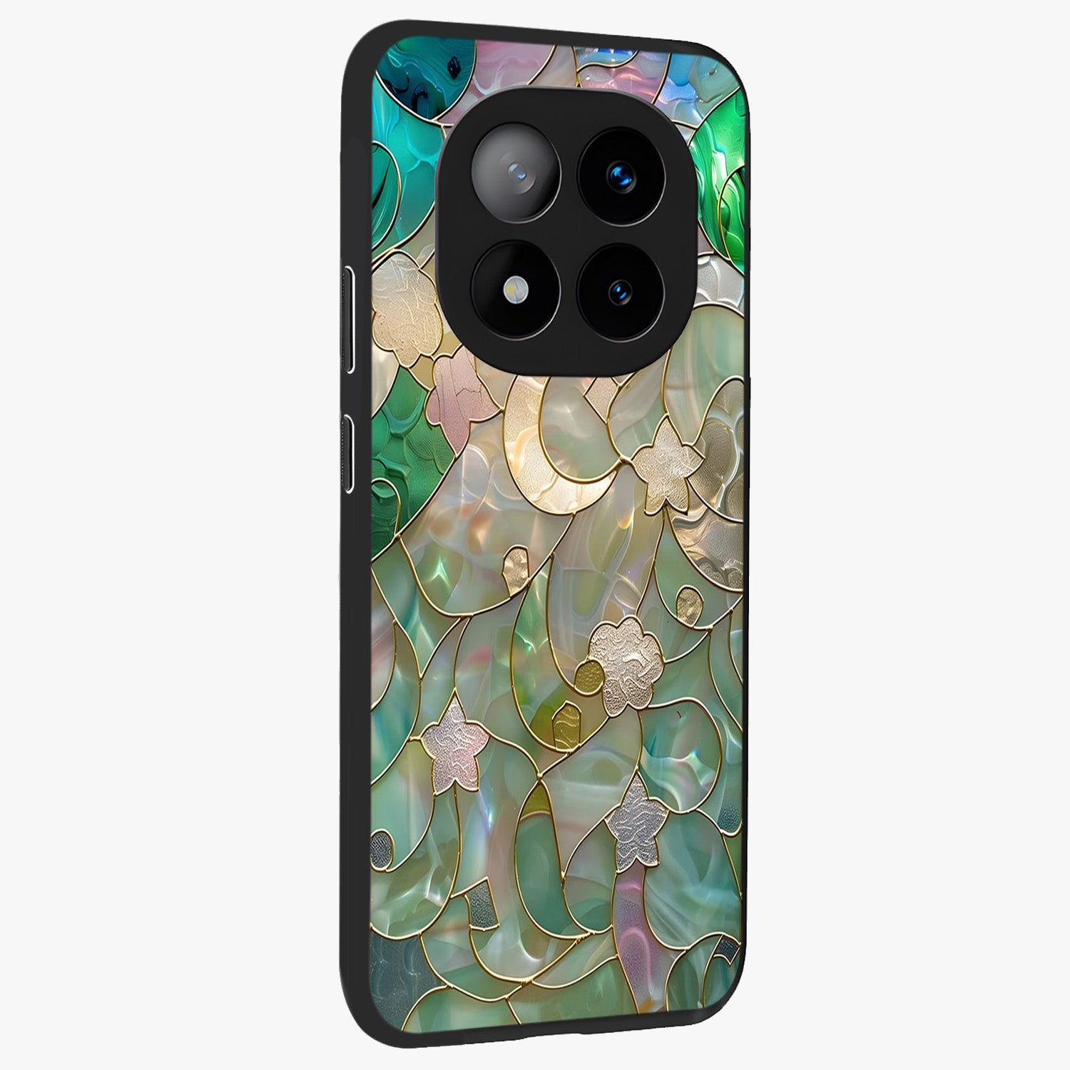 Stained Sunrise Glow Glass Case upright view showcasing colorful sunrise artwork with warm morning theme.
