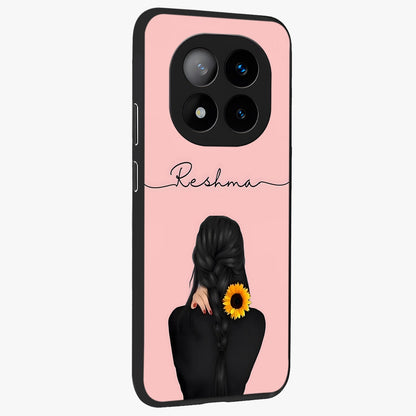 Sunflower Braid Beauty With Custom Name Glass Case upright view showcasing bright sunflower artwork with personalized floral aesthetic.