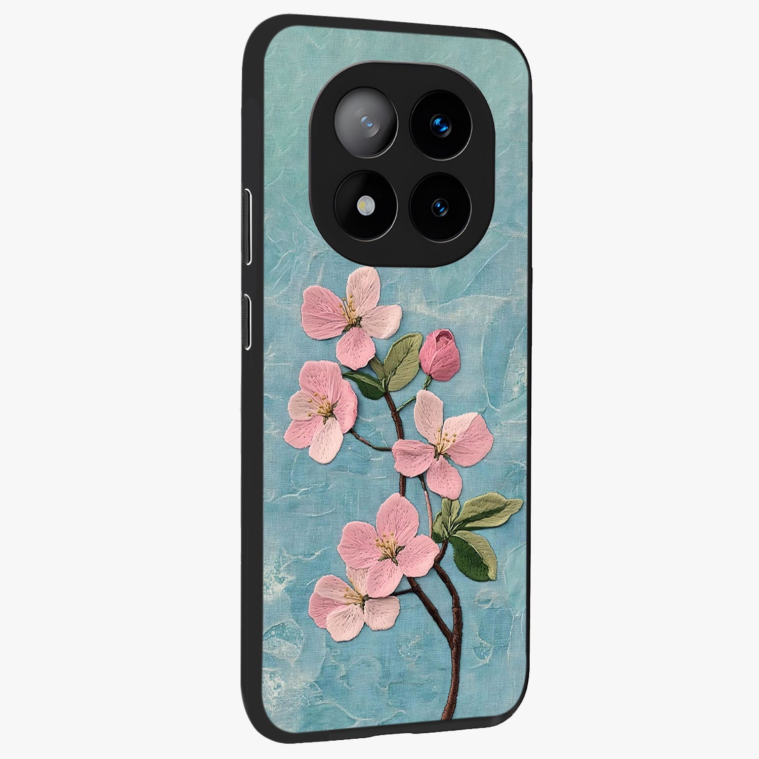 Threaded Blossom Breeze Glass Case upright view showcasing graceful flower artwork with calm botanical theme.
