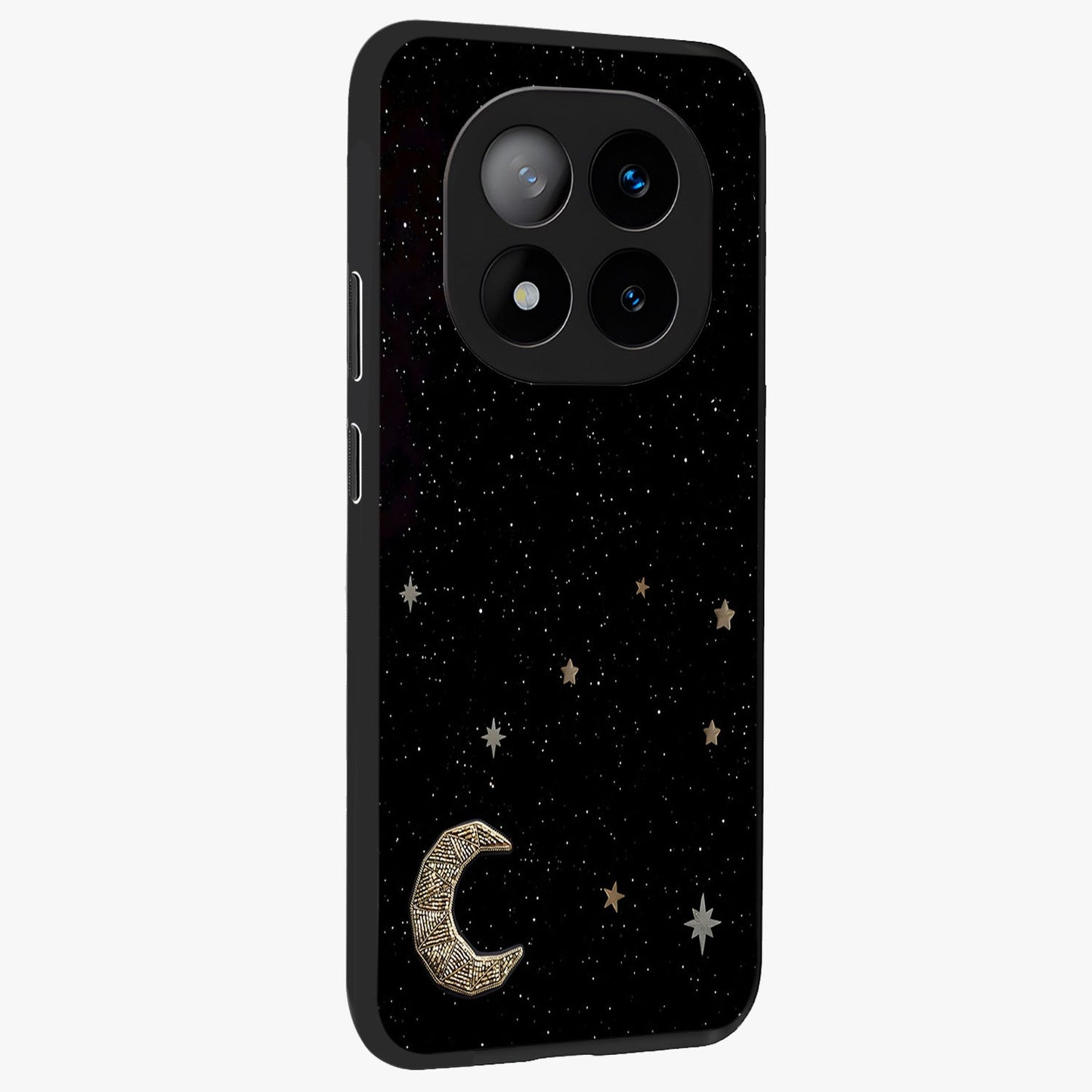 Twinkle Star With Half Moon Glass Case upright view showcasing glowing cosmic artwork with dreamy night theme.
