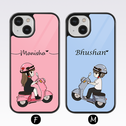 Cute Couple On Scooters Custom Name Glass Case