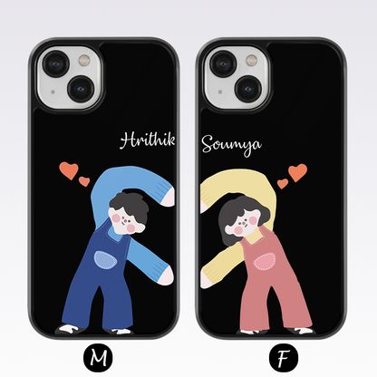 Graphic Couple Making Heart Custom Name Glass Case ( 2 FREE Keychains )