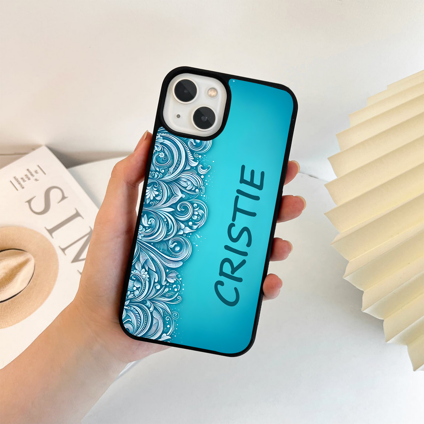 Custom Name Blue Floral Pattern Glass Case