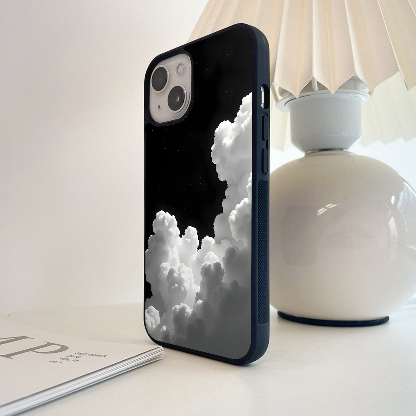Black Background With White Cloud Glass Case