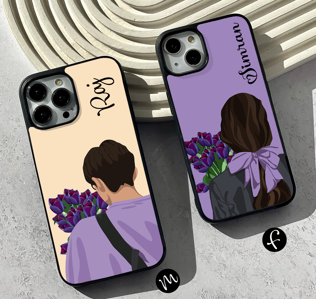 Couple With Flowers Custom Name Glass Case ( 2 FREE Keychains )