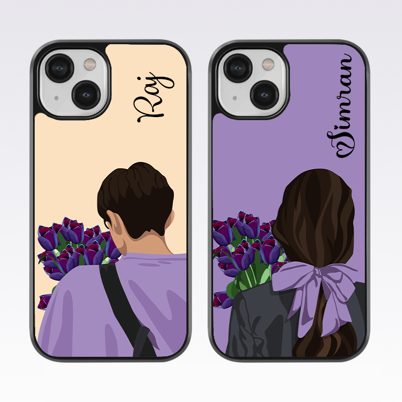 Couple With Flowers Custom Name Glass Case ( 2 FREE Keychains )