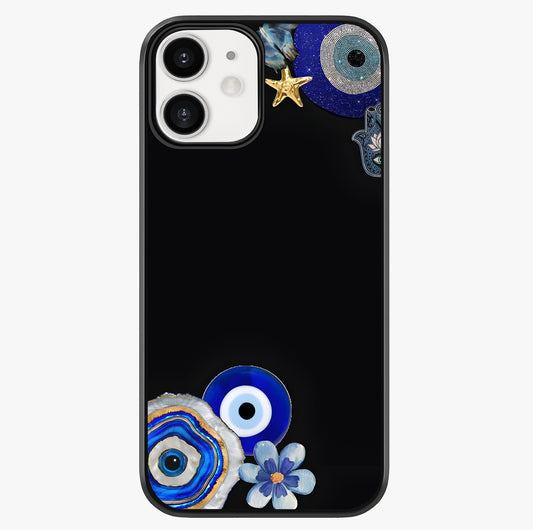 Aesthetic Blue Evil Eye Glass Case showing full back design in clean flat view with glossy glass finish.