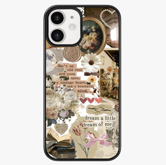 Aesthetic Brown Vintage Collage Glass Case showing full back design in clean flat view with glossy glass finish.