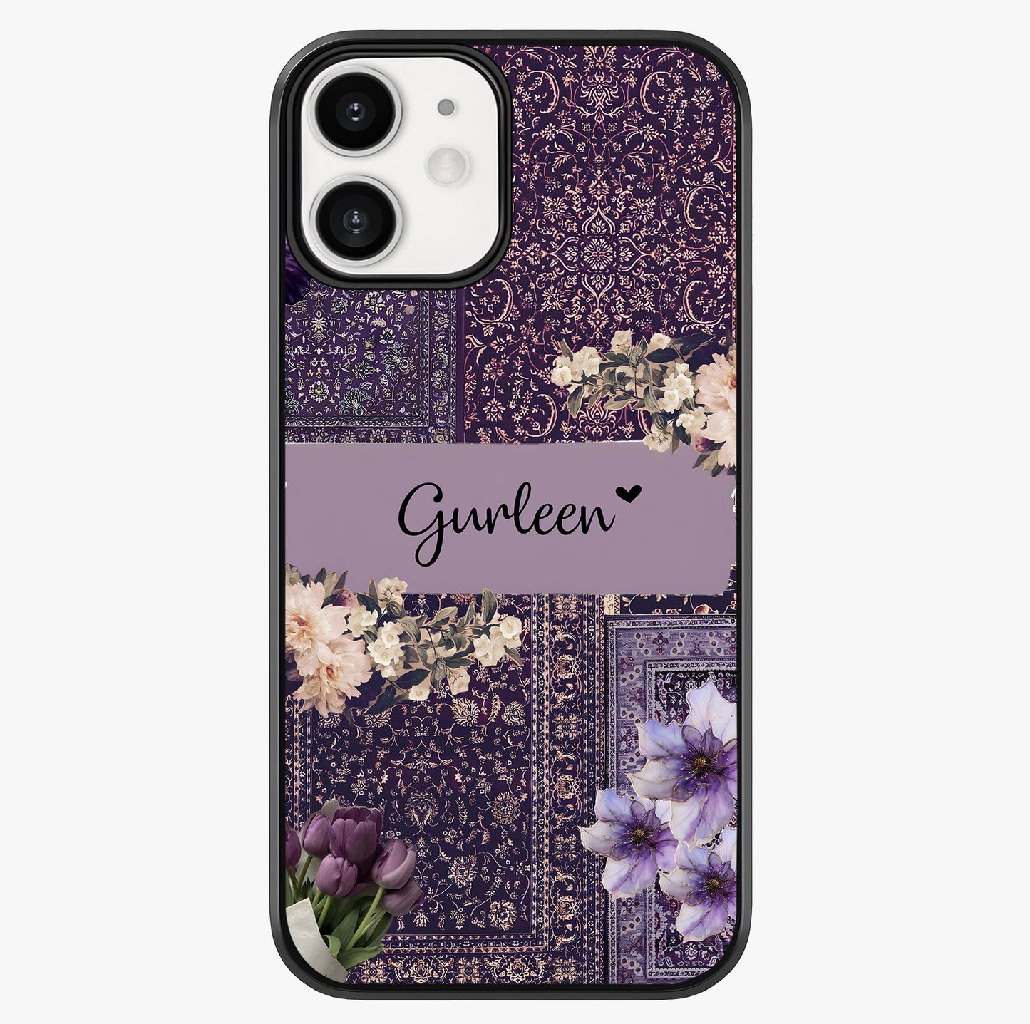 Antique Floral Whisper Custom Name Glass Case showing full back design in clean flat view with glossy glass finish.