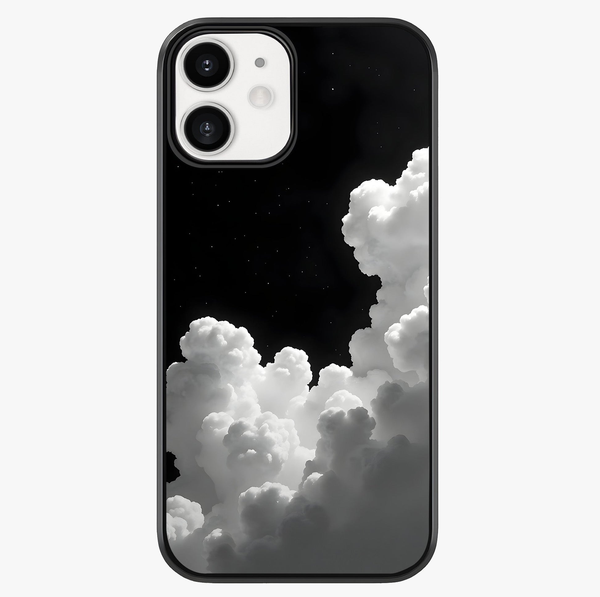 Black Background With White Cloud Glass Case showing full back design in clean flat view with glossy glass finish.