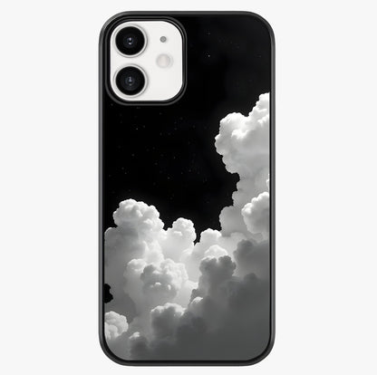 Black Background With White Cloud Glass Case showing full back design in clean flat view with glossy glass finish.
