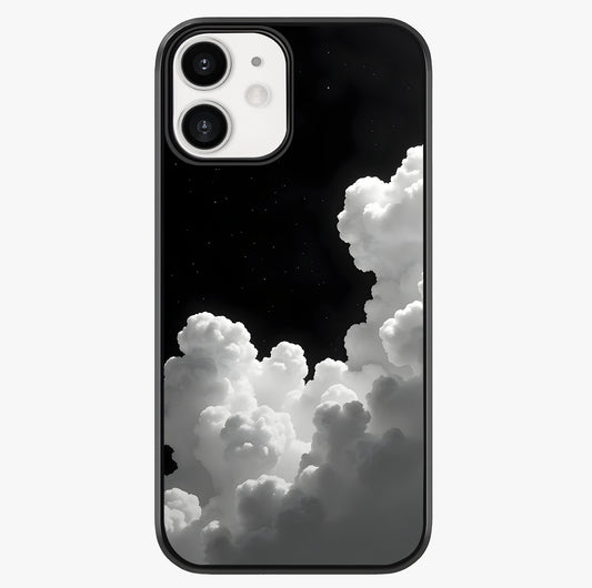Black Background With White Cloud Glass Case showing full back design in clean flat view with glossy glass finish.