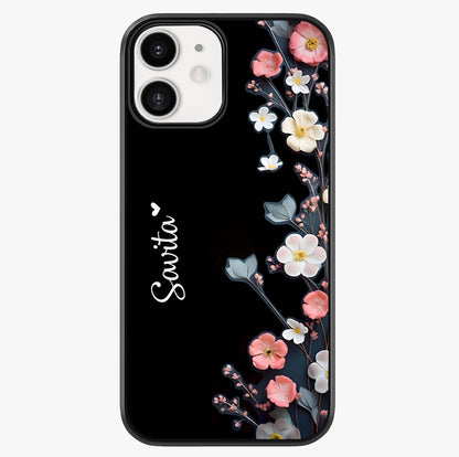 Black Elegance Floral Custom Name Glass Case showing full back design in clean flat view with glossy glass finish.