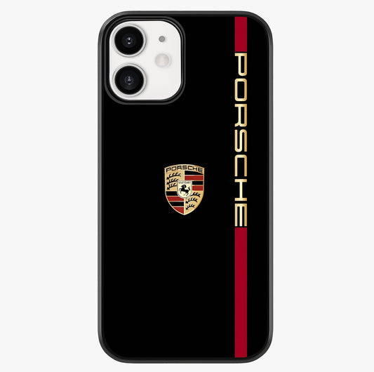Black Minimal Porsche Glass Case showing full back design in clean flat view with glossy glass finish.