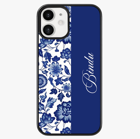 Blue Vintage Floral Pattern Glass Case showing full back design in clean flat view with glossy glass finish.