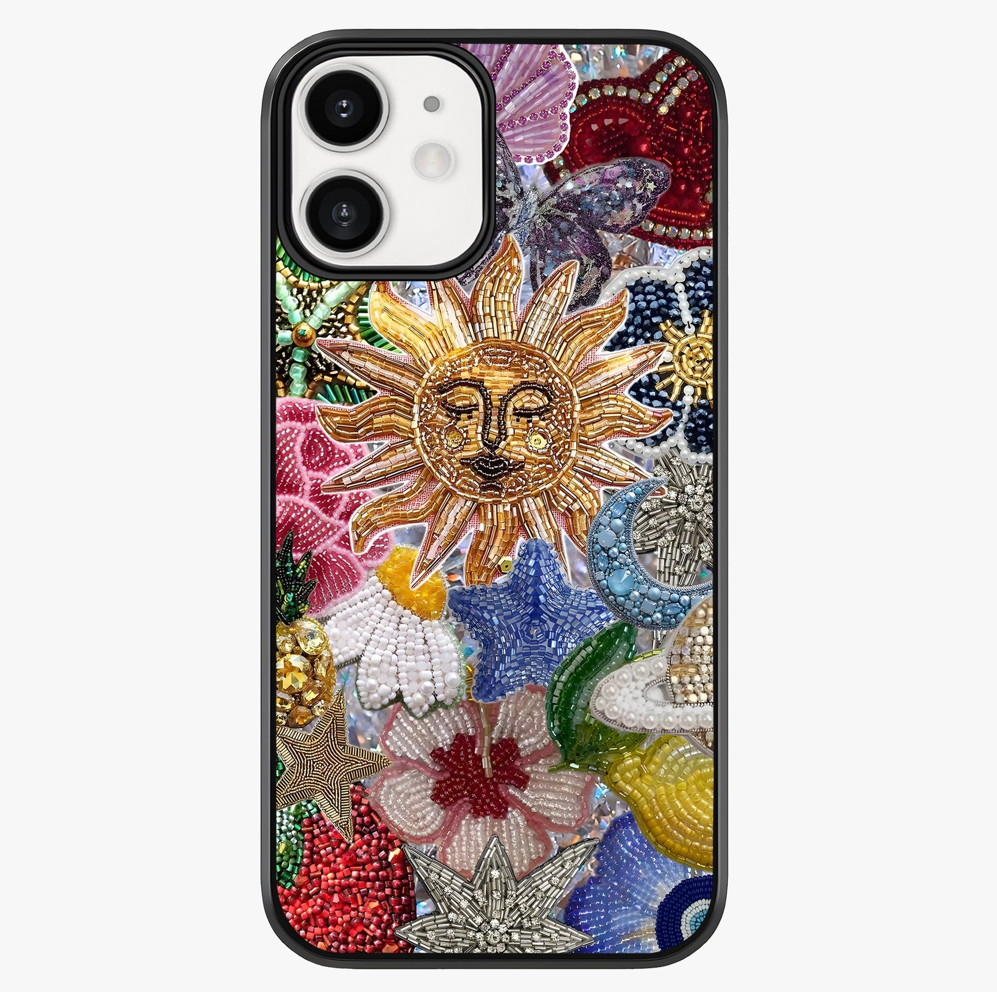 Celestial Floral And Playful Glass Case showing full back design in clean flat view with glossy glass finish.