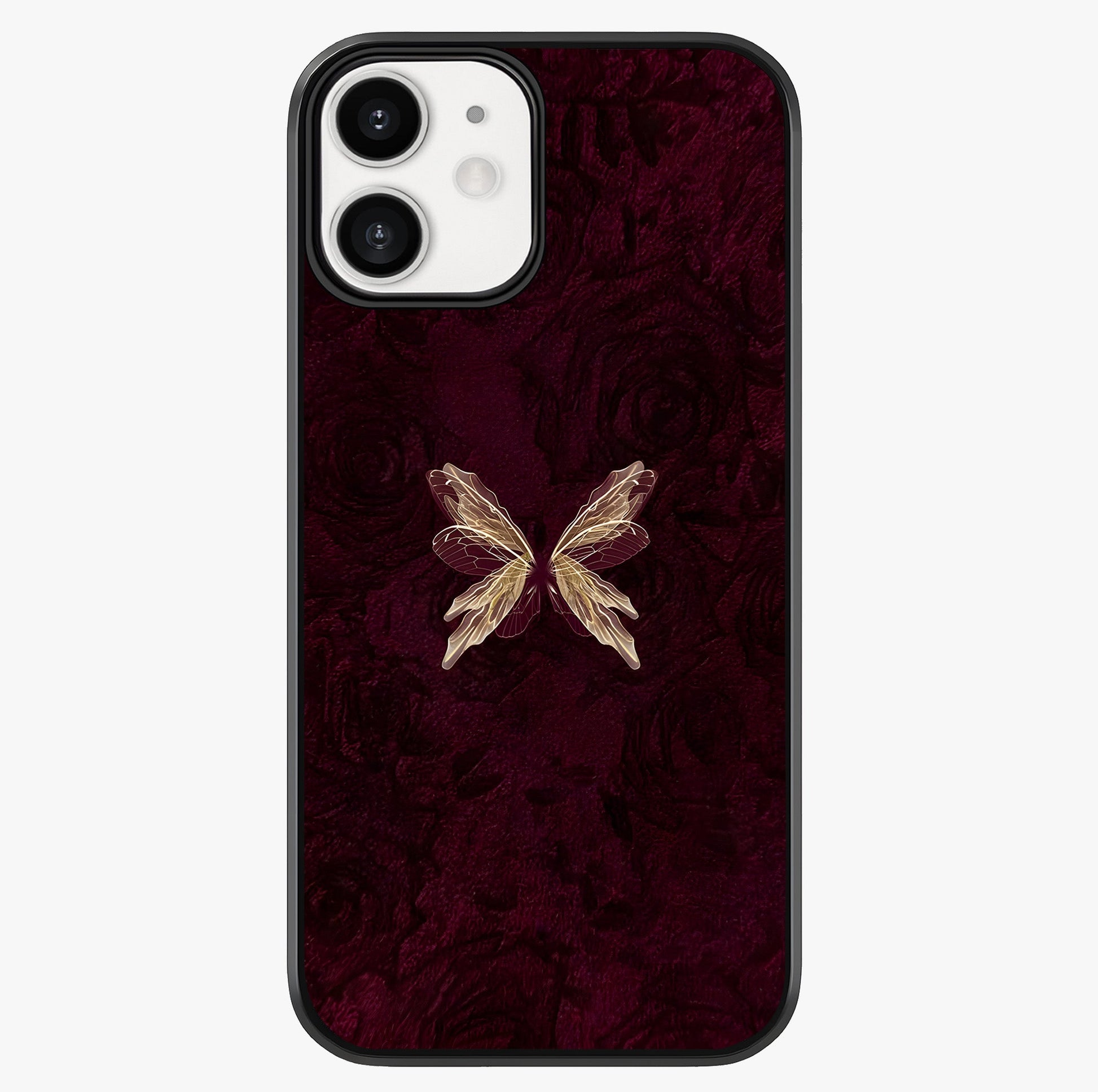 Crimson Fade Butterfly Glass Case showing full back design in clean flat view with glossy glass finish.