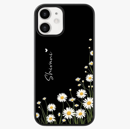 Daisy Cascade Custom Name Glass Case showing full back design in clean flat view with glossy glass finish.