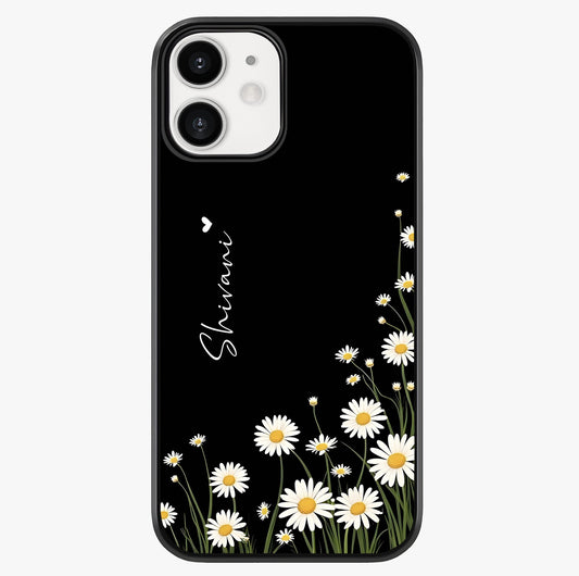 Daisy Cascade Custom Name Glass Case showing full back design in clean flat view with glossy glass finish.