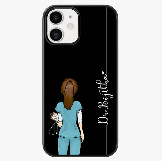 Doctor Pattern Custom Name Glass Case showing full back design in clean flat view with glossy glass finish.