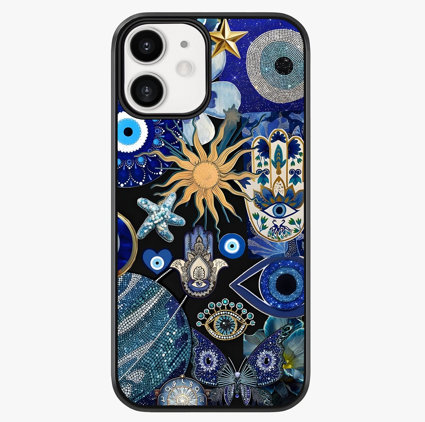 Evil Eye Charm Mix Glass Case showing full back design in clean flat view with glossy glass finish.