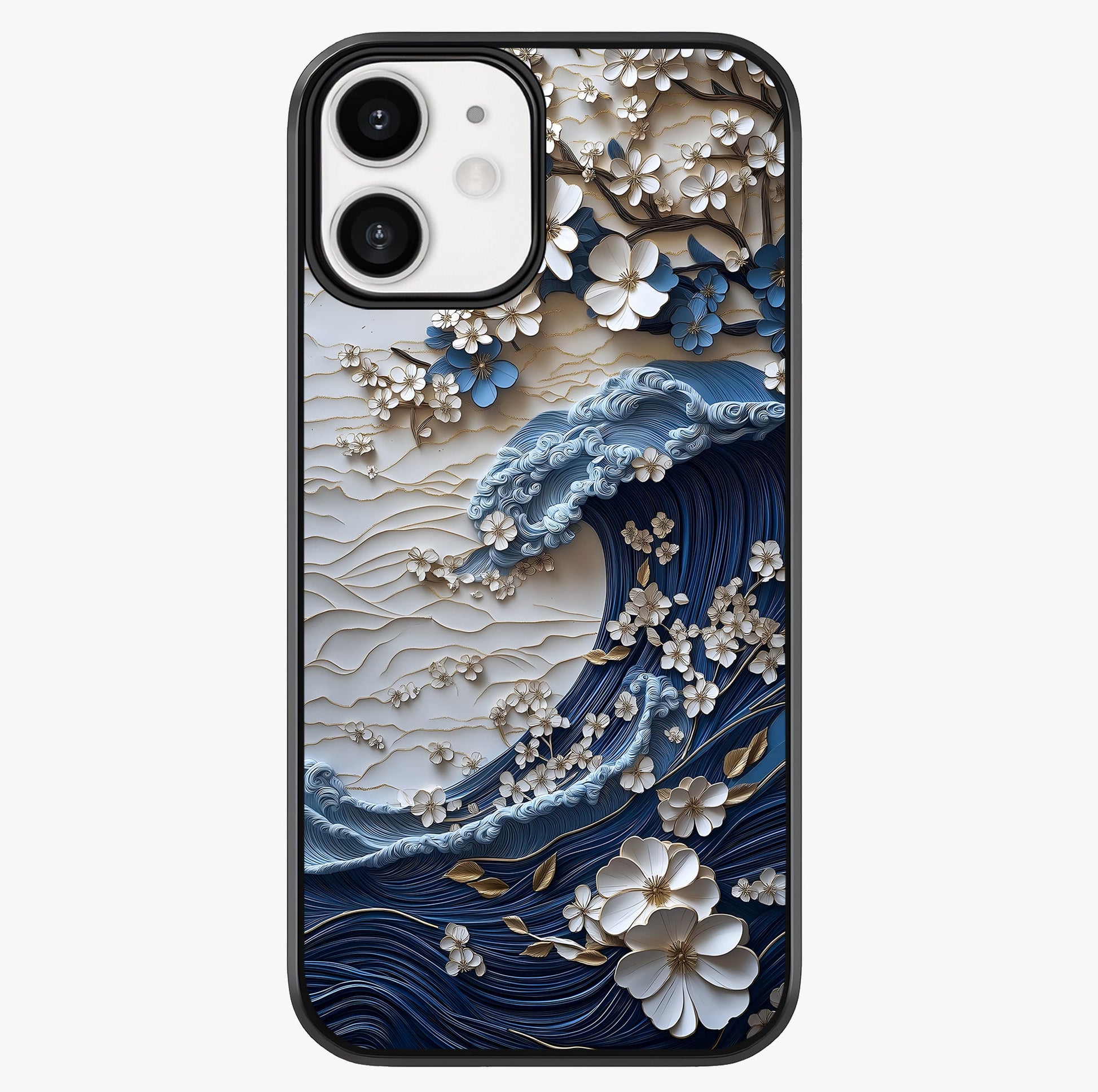 Floral Wave Origami Glass Case showing full back design in clean flat view with glossy glass finish.