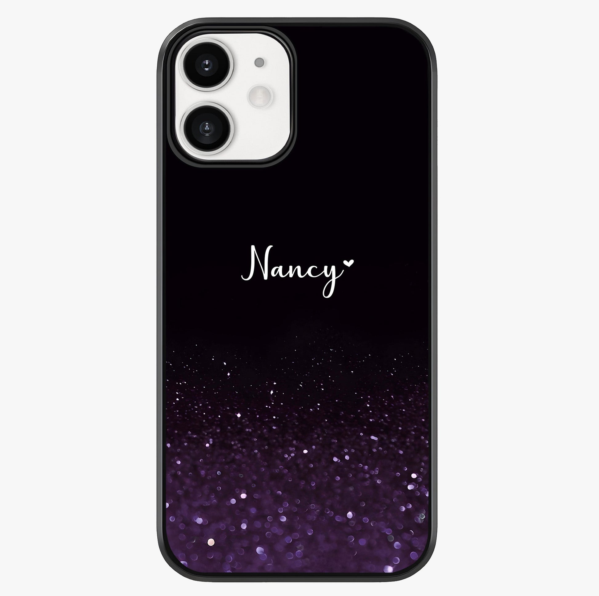 Glittery Purple Bokeh Custom Name Glass Case showing full back design in clean flat view with glossy glass finish.