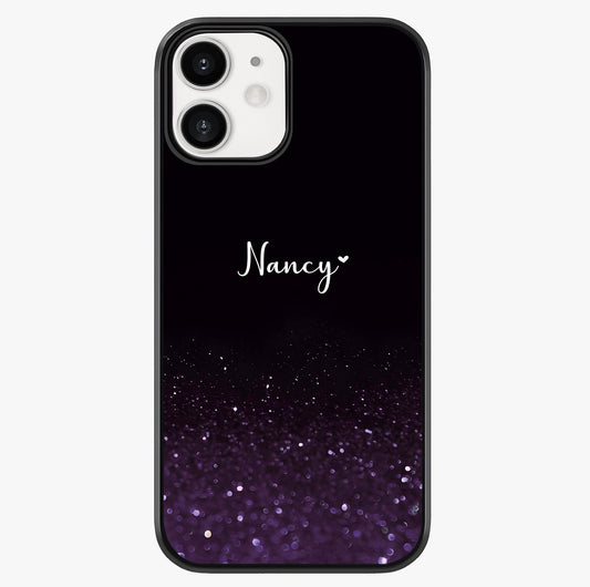 Glittery Purple Bokeh Custom Name Glass Case showing full back design in clean flat view with glossy glass finish.