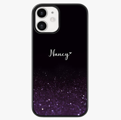 Glittery Purple Bokeh Custom Name Glass Case showing full back design in clean flat view with glossy glass finish.