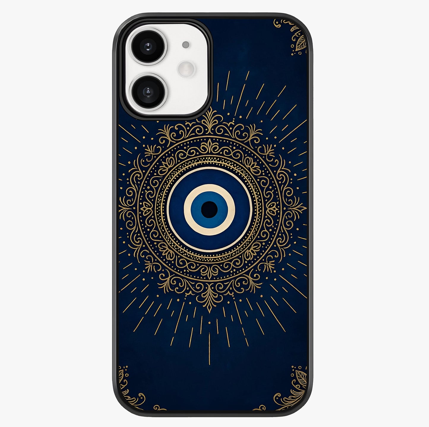 Golden Evil Eye Mandala Glass Case showing full back design in clean flat view with glossy glass finish.