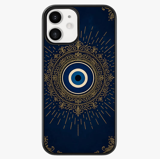 Golden Evil Eye Mandala Glass Case showing full back design in clean flat view with glossy glass finish.