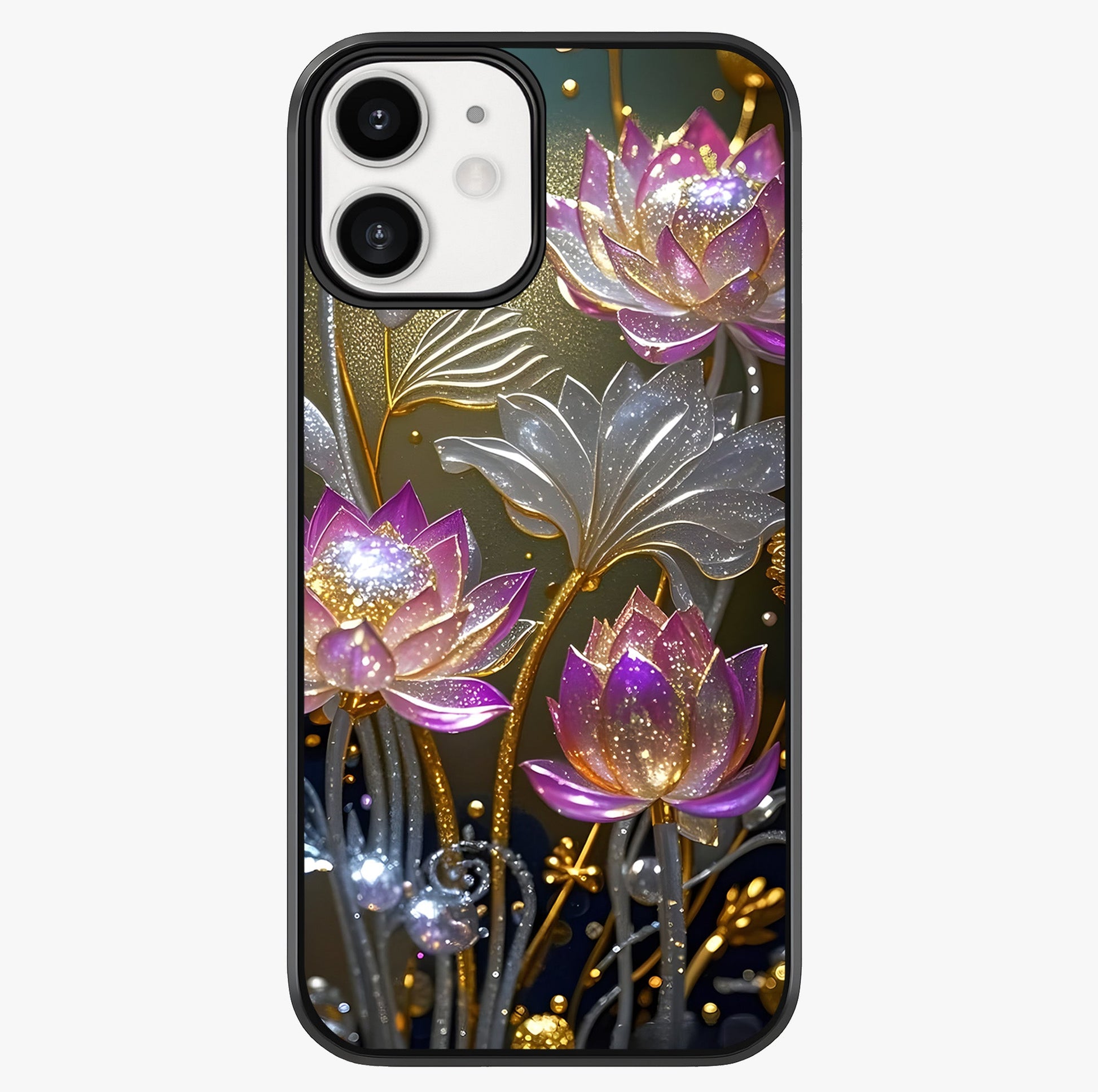 Golden Lotus Glow Glass Case showing full back design in clean flat view with glossy glass finish.