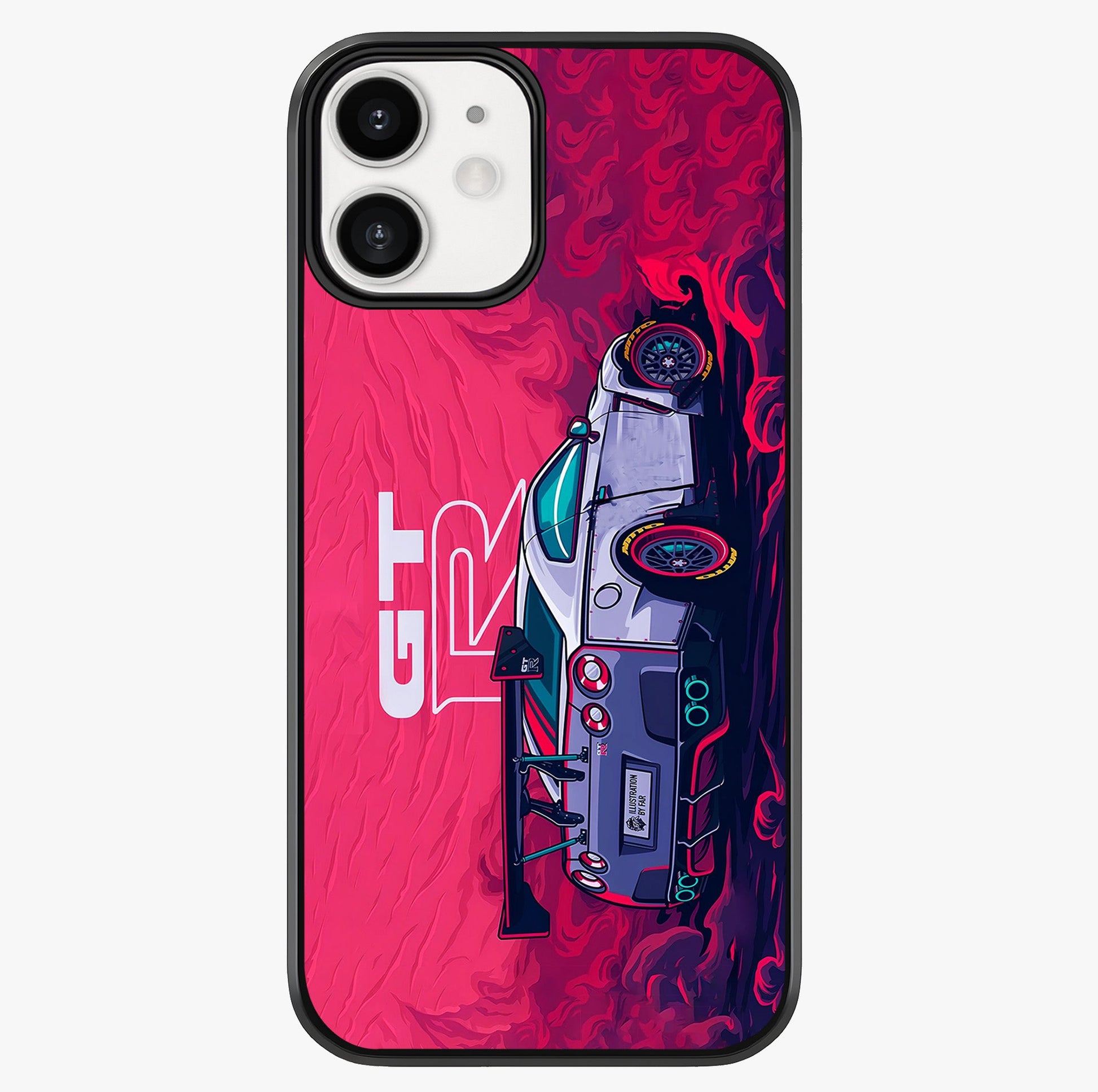 GT R Car Pattern Glass Case showing full back design in clean flat view with glossy glass finish.
