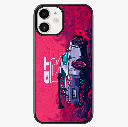 GT R Car Pattern Glass Case showing full back design in clean flat view with glossy glass finish.