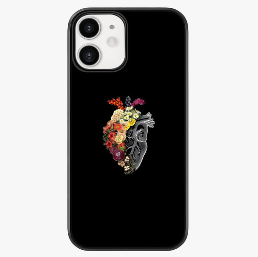 Heart With Flowers Glass Case showing full back design in clean flat view with glossy glass finish.
