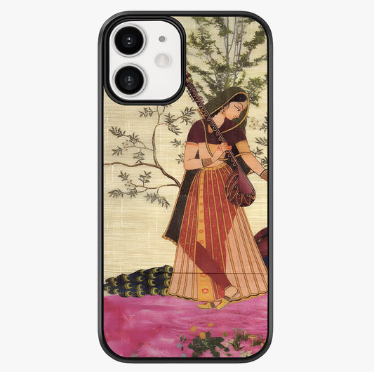 Lady With Veena Art Glass Case showing full back design in clean flat view with glossy glass finish.