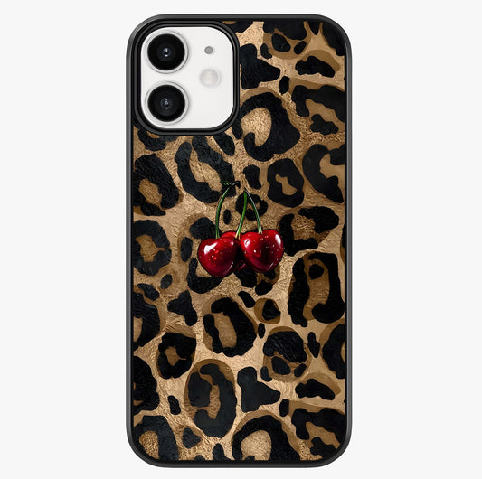 Leopard Wild Cherry Glass Case showing full back design in clean flat view with glossy glass finish.
