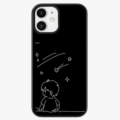 Line Art Boy With Shooting Stars Glass Case showing full back design in clean flat view with glossy glass finish.