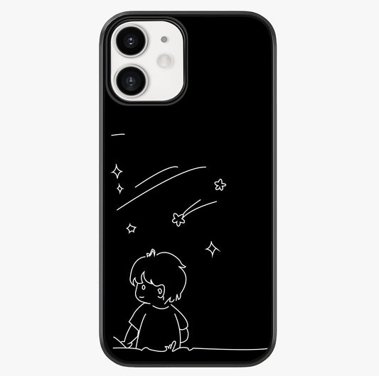 Line Art Boy With Shooting Stars Glass Case showing full back design in clean flat view with glossy glass finish.