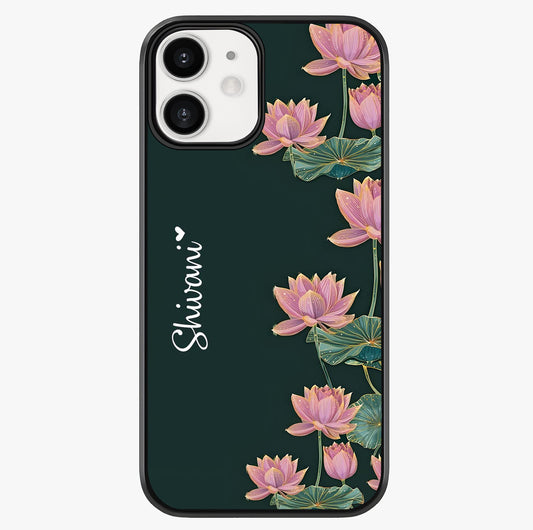 Lotus Bloom Serenity Custom Name Glass Case showing full back design in clean flat view with glossy glass finish.