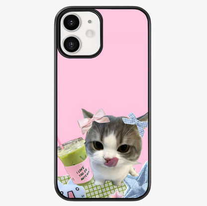 Love Matcha Cat Glass Case showing full back design in clean flat view with glossy glass finish.